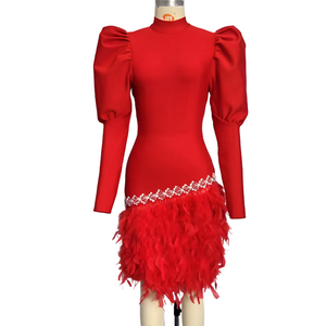 Diamond-embedded Feather Mid-length Dress
