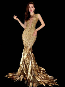Gold Feather One Size Evening Dress