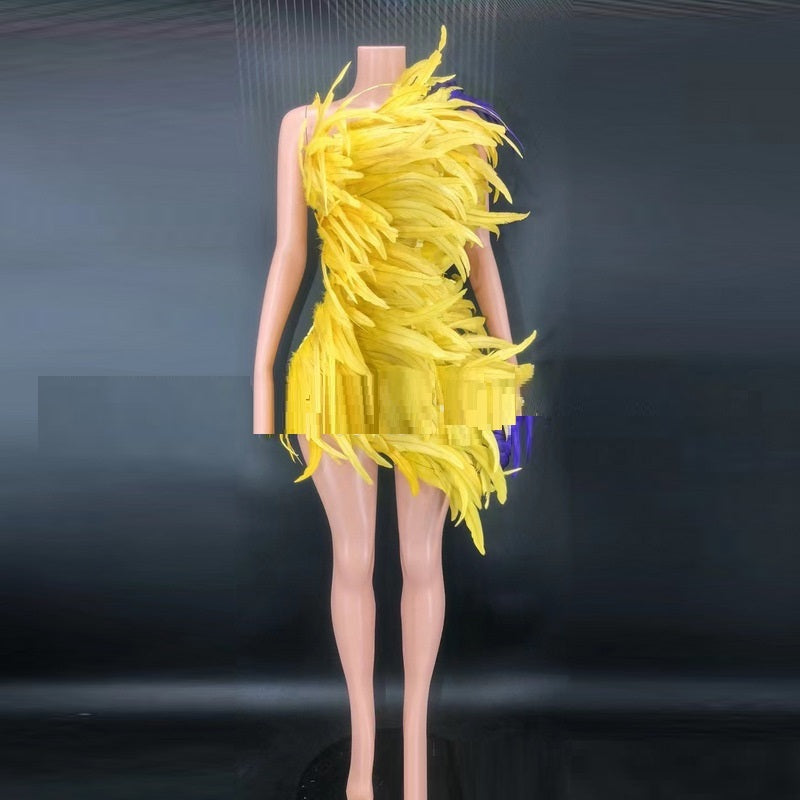 Women's Elegant Vibrant Yellow Feather Party Sleeveless Dress