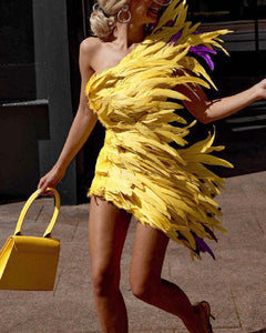 Women's Elegant Vibrant Yellow Feather Party Sleeveless Dress