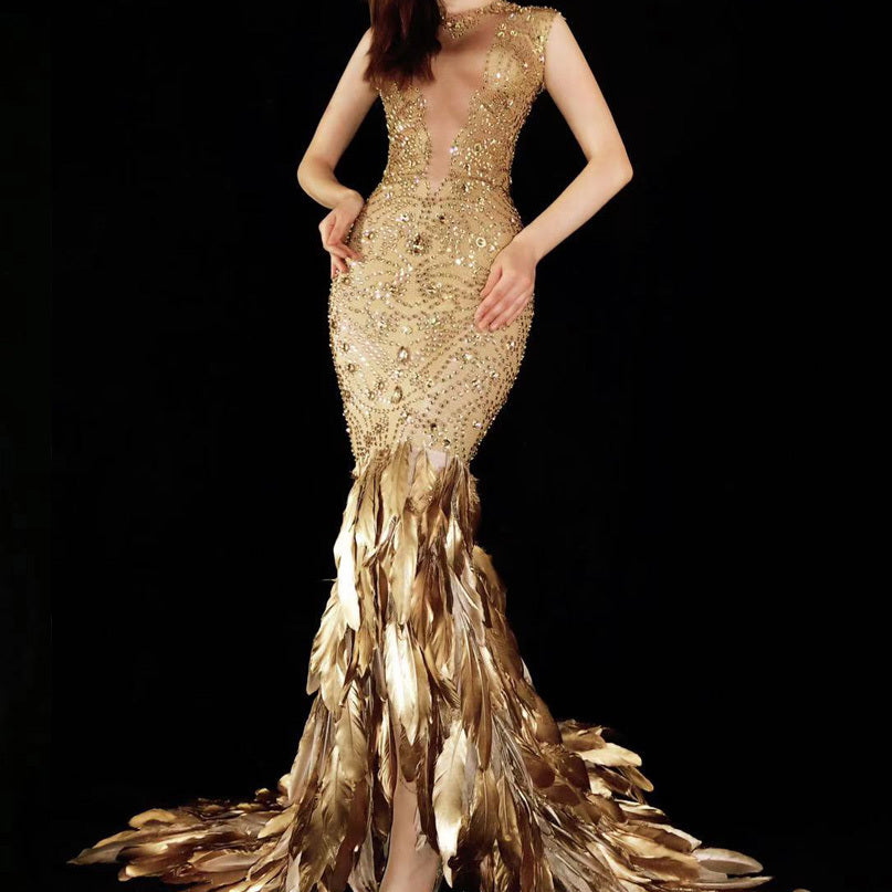 Gold Feather One Size Evening Dress