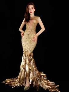 Gold Feather One Size Evening Dress