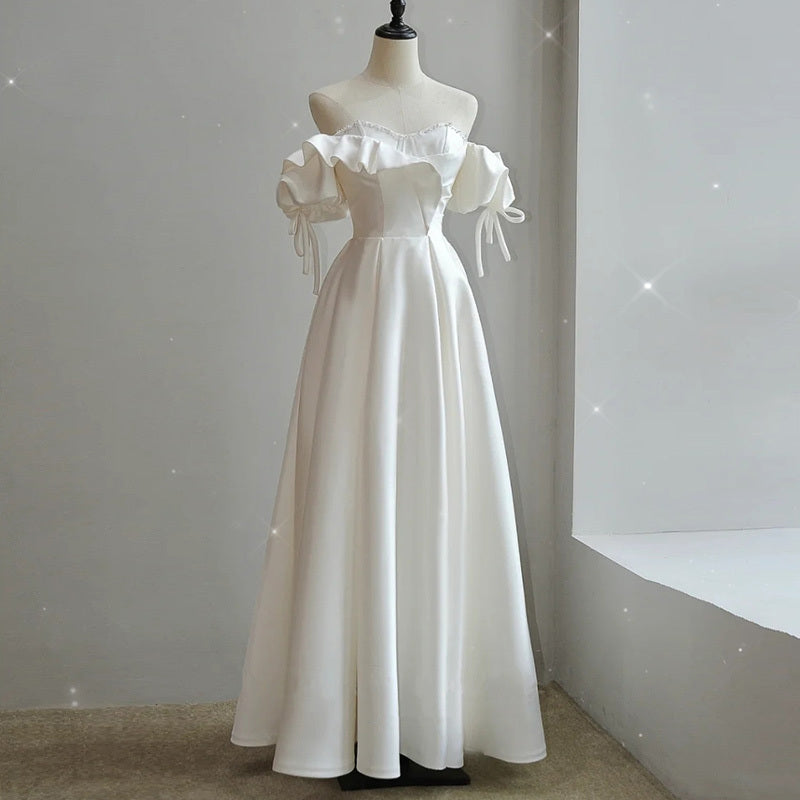 chic minimalist wedding dress French Chic Luxury Off-The-Shoulder Minimalist Wedding Dress – Desiri  Couture