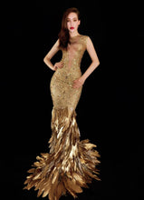 Load image into Gallery viewer, Gold Feather One Size Evening Dress