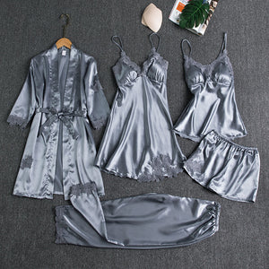 5PCS Pajamas Set,  Sexy Satin Pyjamas Lace Bridal Wedding Nightwear Satin, Nighty&Robe Home Wear