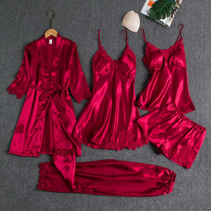 5PCS Pajamas Set,  Sexy Satin Pyjamas Lace Bridal Wedding Nightwear Satin, Nighty&Robe Home Wear