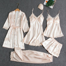 Load image into Gallery viewer, 5PCS Pajamas Set,  Sexy Satin Pyjamas Lace Bridal Wedding Nightwear Satin, Nighty&amp;Robe Home Wear