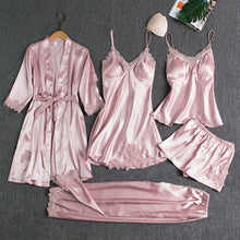 Load image into Gallery viewer, 5PCS Pajamas Set,  Sexy Satin Pyjamas Lace Bridal Wedding Nightwear Satin, Nighty&amp;Robe Home Wear