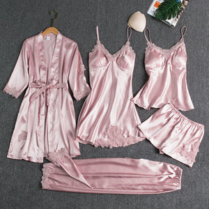 Sleepwear Sleep Suit Female 5PCS Pajamas Set Sexy Satin Pyjamas Lace Bridal Wedding Nightwear Satin, Nighty&Robe Home Wear