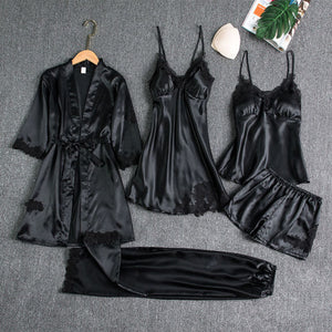 5PCS Pajamas Set,  Sexy Satin Pyjamas Lace Bridal Wedding Nightwear Satin, Nighty&Robe Home Wear