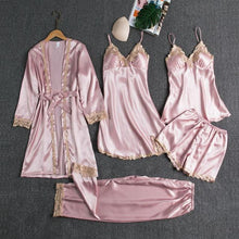 Load image into Gallery viewer, 5PCS Pajamas Set,  Sexy Satin Pyjamas Lace Bridal Wedding Nightwear Satin, Nighty&amp;Robe Home Wear