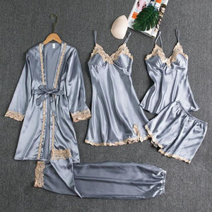 5PCS Pajamas Set,  Sexy Satin Pyjamas Lace Bridal Wedding Nightwear Satin, Nighty&Robe Home Wear