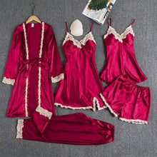 Load image into Gallery viewer, 5PCS Pajamas Set,  Sexy Satin Pyjamas Lace Bridal Wedding Nightwear Satin, Nighty&amp;Robe Home Wear