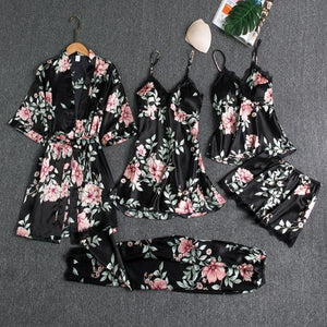 5PCS Pajamas Set,  Sexy Satin Pyjamas Lace Bridal Wedding Nightwear Satin, Nighty&Robe Home Wear