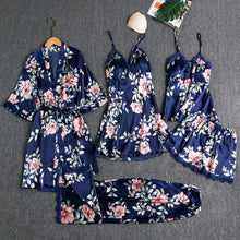 Load image into Gallery viewer, 5PCS Pajamas Set,  Sexy Satin Pyjamas Lace Bridal Wedding Nightwear Satin, Nighty&amp;Robe Home Wear