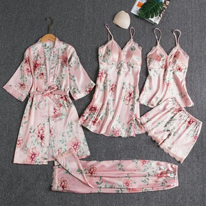 5PCS Pajamas Set,  Sexy Satin Pyjamas Lace Bridal Wedding Nightwear Satin, Nighty&Robe Home Wear